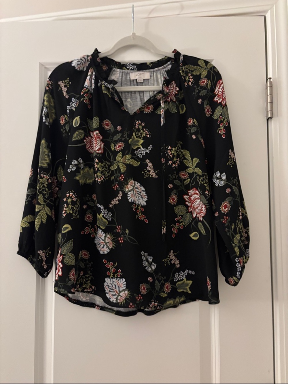 LOFT Black Floral Tie-Neck Blouse